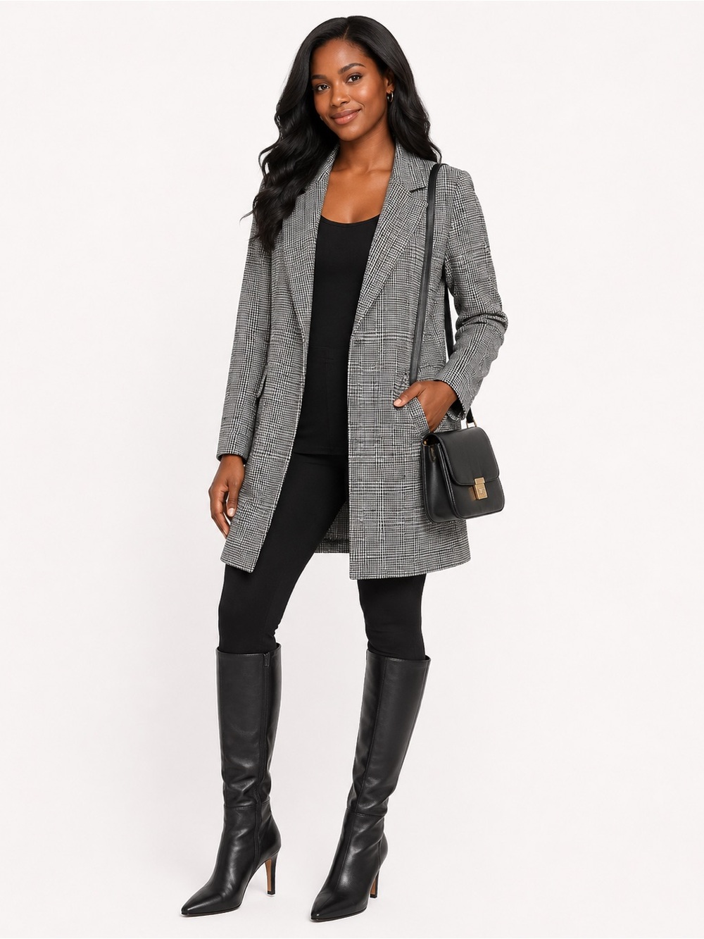 MELLODAY Black and White Houndstooth Trim Blazer